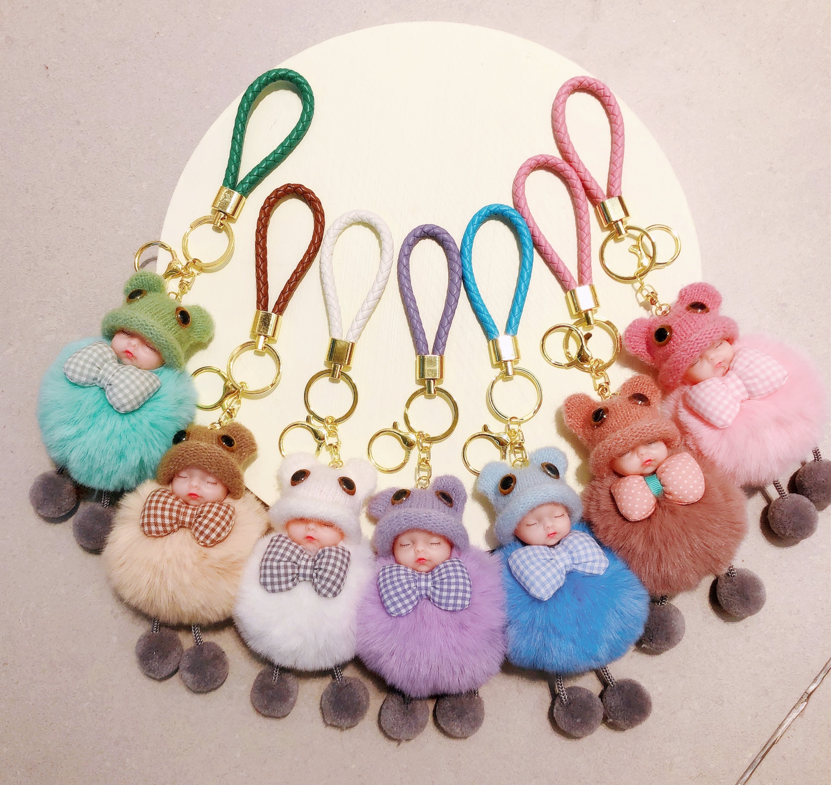 15cm Pompom Sleeping Baby Keychain Cute Fluffy Plush Doll