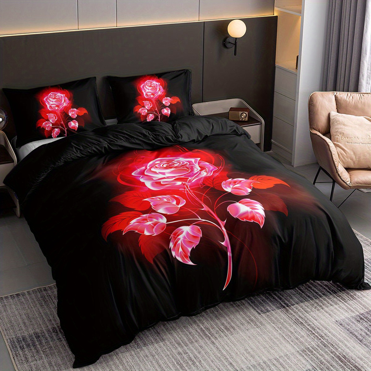 3pcs Duvet Cover Set Rose Flower Print Bedding Set Soft Comfortable ...