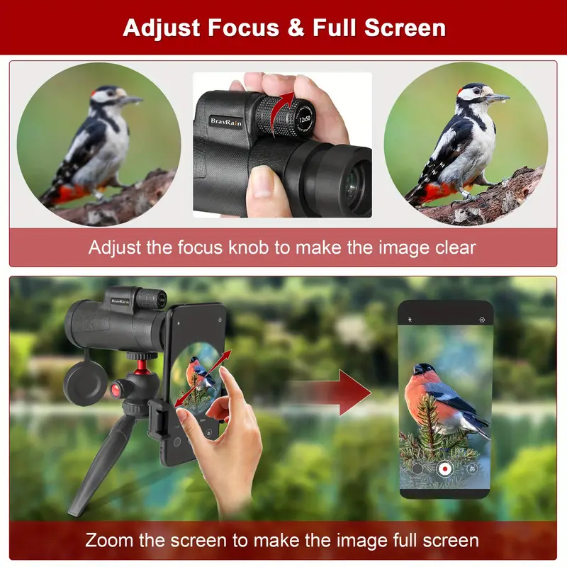 12x50 monocular telescope for adults kids friends high powered hd monocular for smartphone with cell phone adapter tripod for bird watching hiking hunting climbing traveling stargazing details 7
