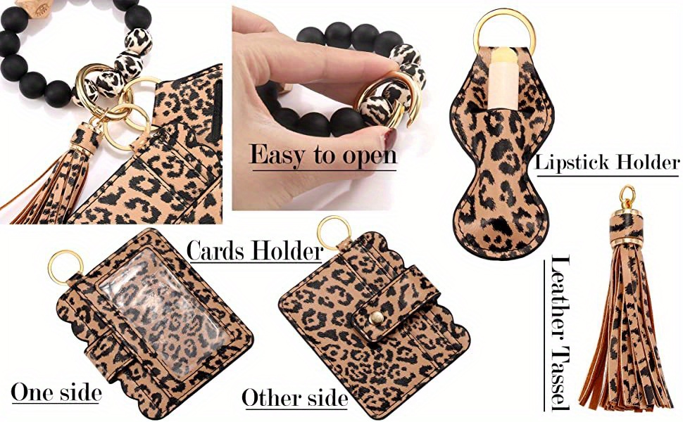 premium leather keyring card holder wallet elastic silicone beaded tassel keychain and lipstick holder for women gift keychain accessories for women 6pcs details 3