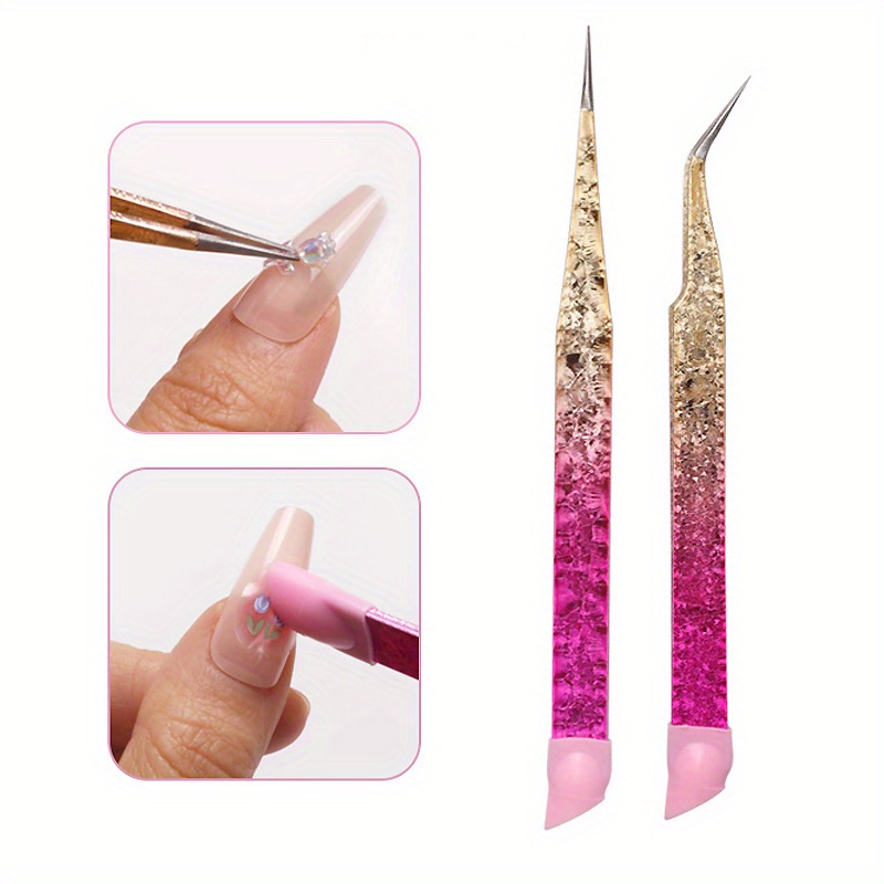 Double Ended Nail Art Tweezers With Silicone Pressing Head, 1pc Stainless  Steel Straight Nail Crafts Rhinestone Stickers Jewel Gem Picker Tool