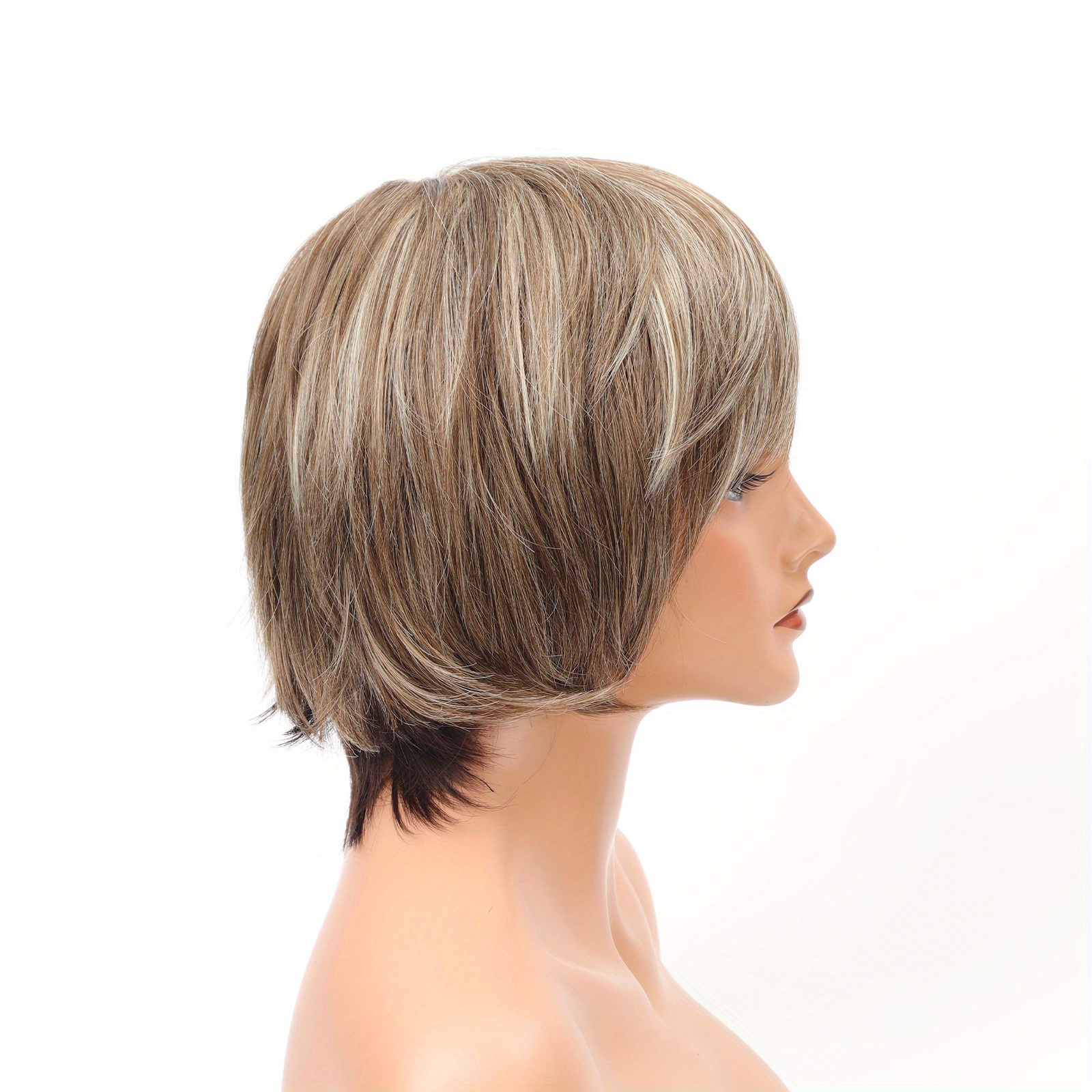 TEMU Stylish Highlight Brown Pixie Cut Wig With Bangs - Perfect For Women And Girls - Short Straight Synthetic Non-lace Wig