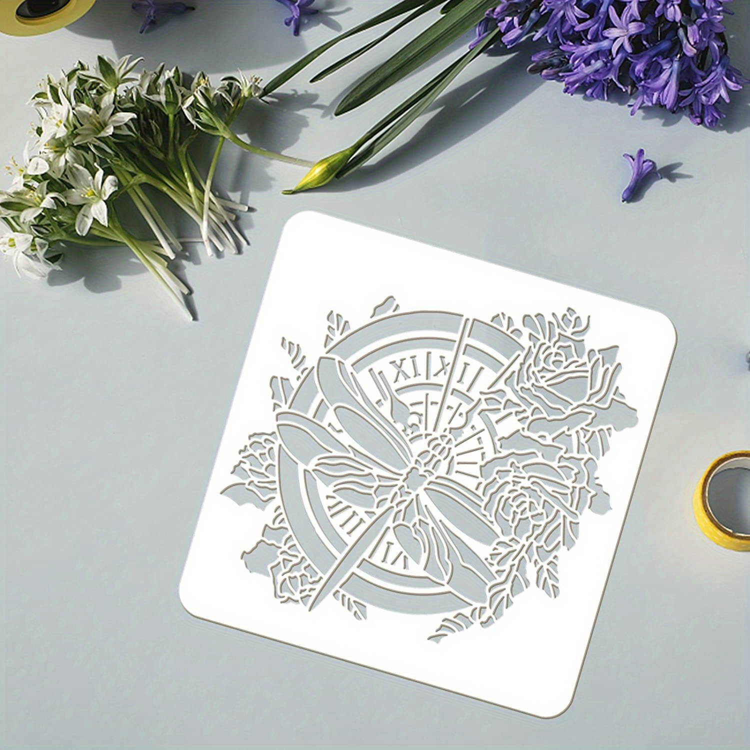 TEMU 1pc Dragonfly Clock Stencil 11.8x11.8 Inch Large Clock Stencil Template With Rose Flower Pattern, Reusable Dragonfly Drawing Stencil Plastic