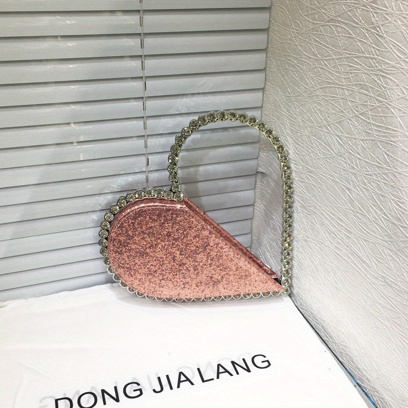 Mini Heart Design Novelty Bag Champagne Glitter Chain Strap For Party