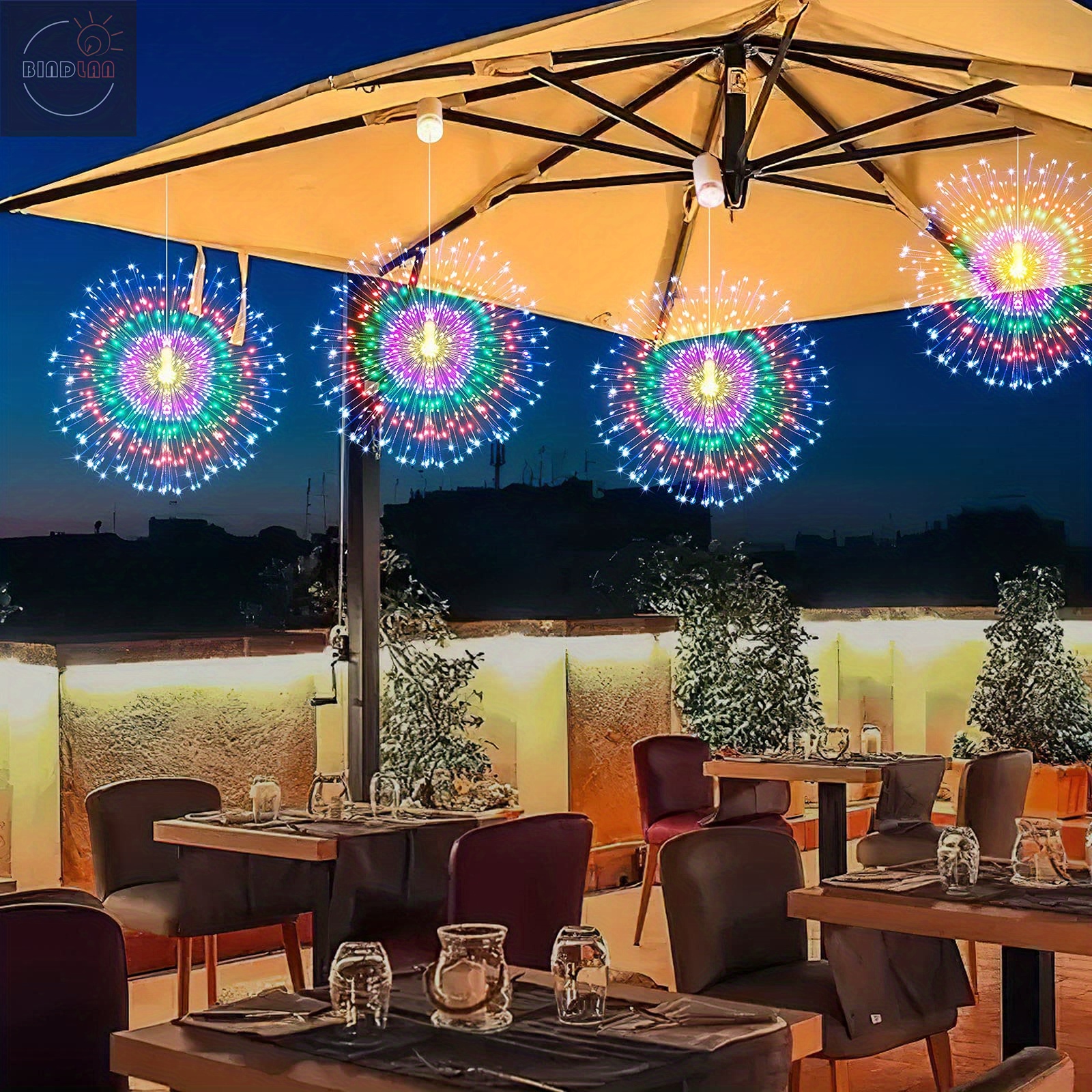 1 pack hanging decorative lights 120 led firework lights battery powered tent chandelier remote control 8 modeswaterproof starburst lights for gardens courtyards porches christmas party decorations warm white multicolor details 1