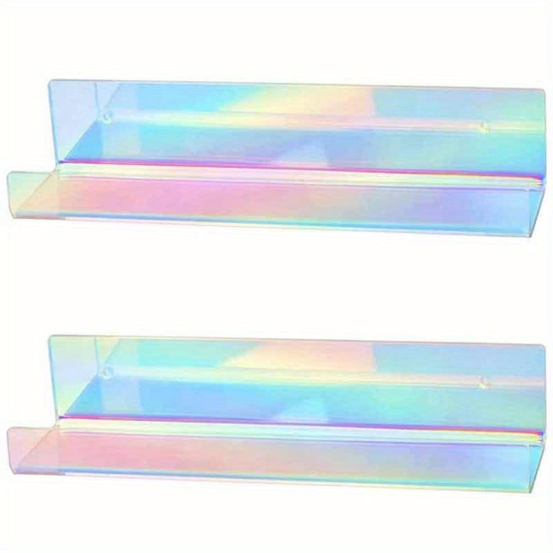 Medium Iridescent Acrylic Floating Shelves With Edge, 7.9x4.5 Rainbow Ledge Shelf  Adhesive & Screw Wall Mounting 