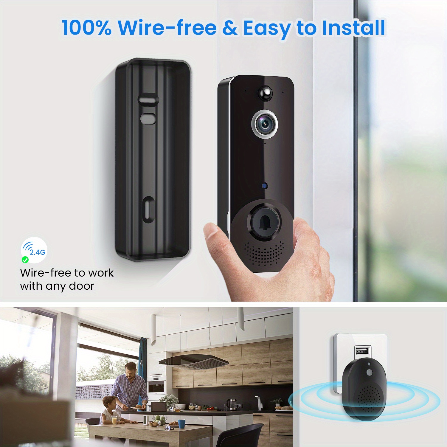smart wireless doorbell camera with rechargeable batteries 2 way audio ai human detection pir motion detector 2 4g wifi hd live image night vision instant alerts cloud storage chime home security system details 6