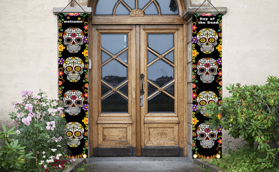 Day Of The Dead Wooden Door Sign - Dia De Los Muertos Mexican Sugar Skull Marigolds Floral Decor For Home And Party