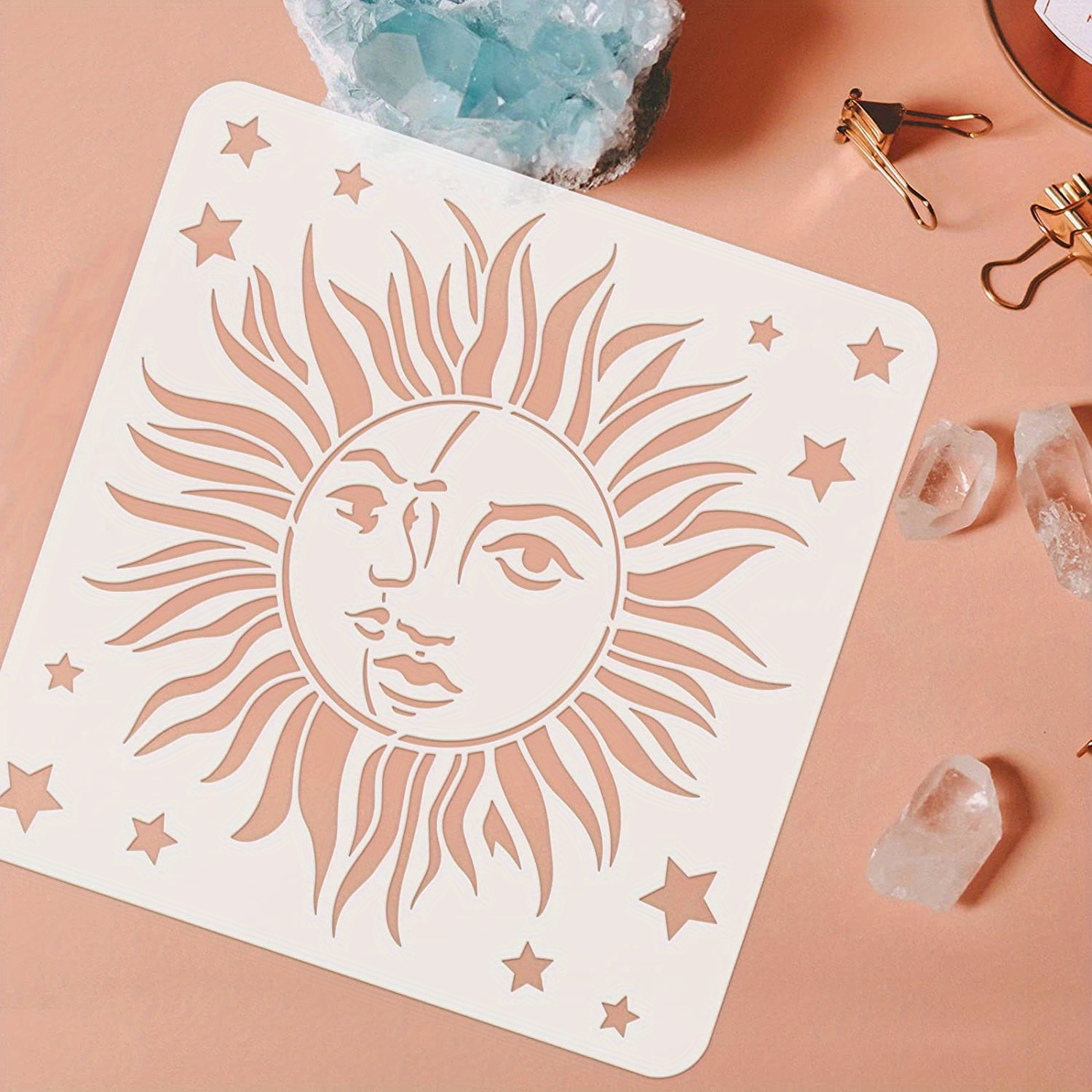 TEMU 1pc Sun Stencil For Painting 11.8x11.8inch Reusable Sun Stencil Vintage Sun Stencil Sun And Star Stencil Craft Sun Pattern Stencil For Painting