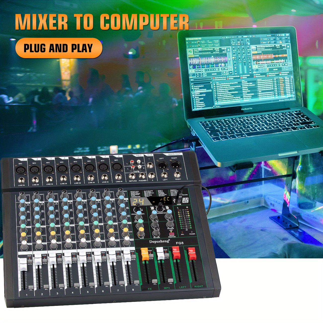 Depusheng DE8 Mini table de mixage DJ son 8 canaux Console de réverbération  Table de mixage de carte son USB Table de mixage audio d'effet DSP pour  l'enregistrement sur ordinateur, bandes 