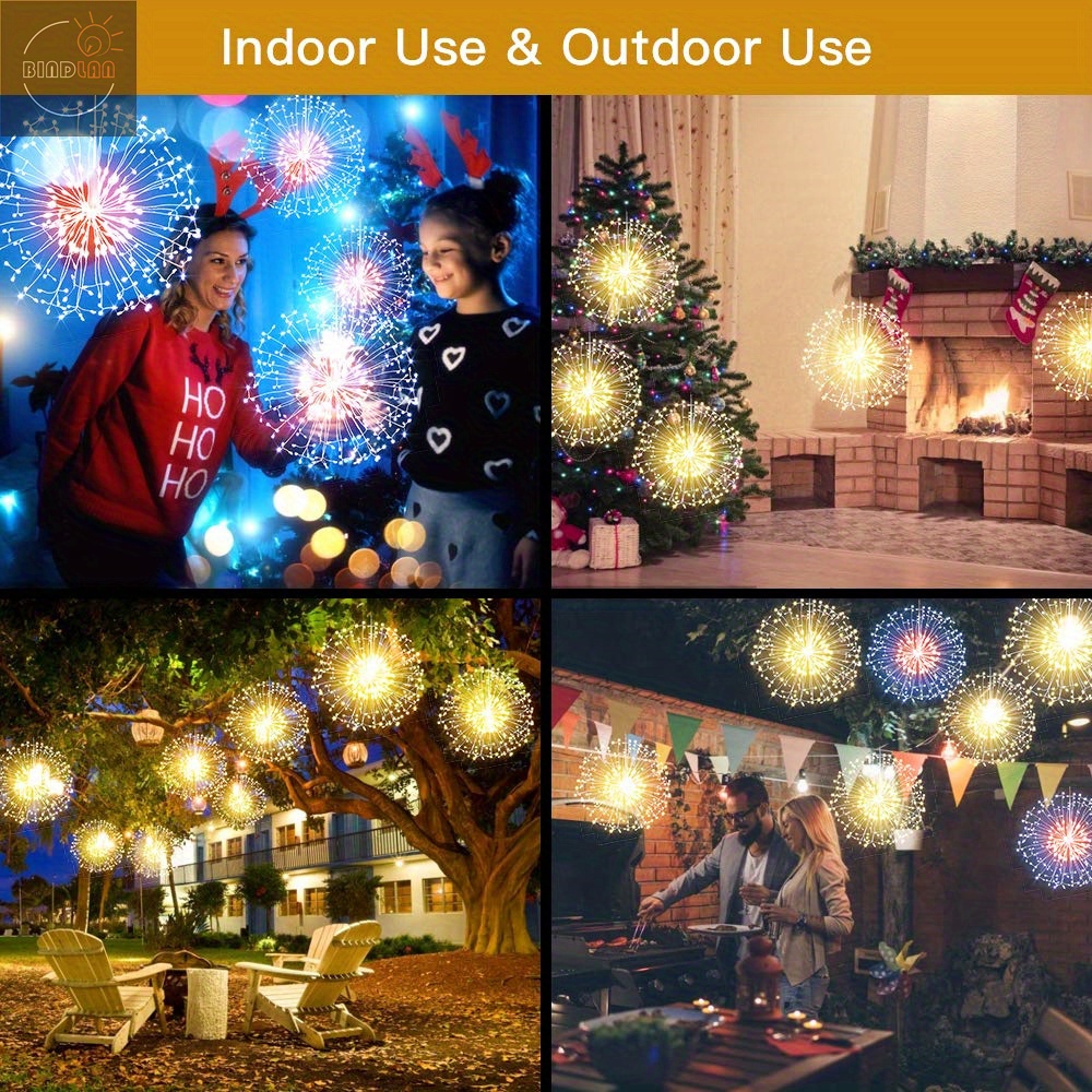 1 pack hanging decorative lights 120 led firework lights battery powered tent chandelier remote control 8 modeswaterproof starburst lights for gardens courtyards porches christmas party decorations warm white multicolor details 3