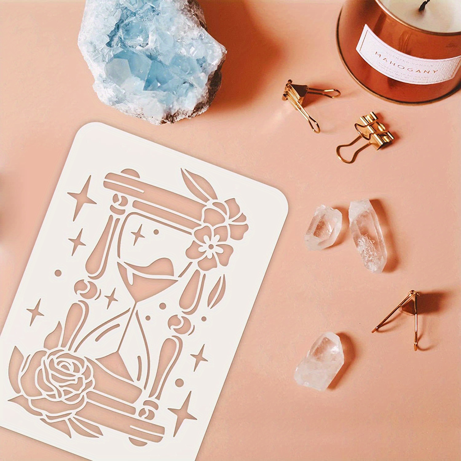 TEMU 1pc Hourglass Stencil 11.7x8.3 Inches Rose Stencil Plastic Hourglass Drawing Painting Stencil Reusable Star Flower Leaves Pattern Stencils For