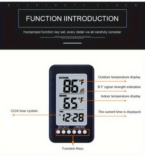 Indoor And Outdoor Thermometer With 12/24 Hour Time Display - Temu