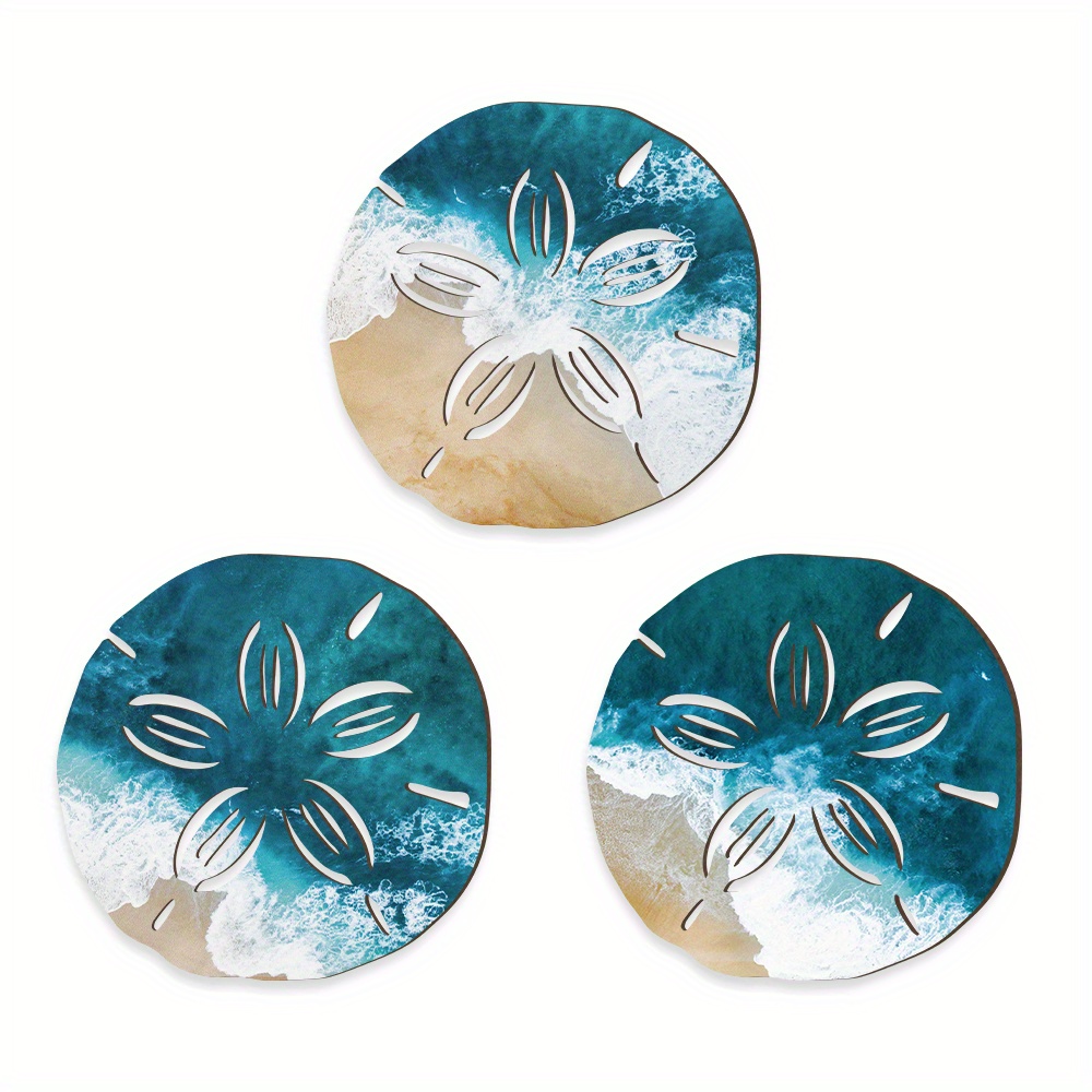 TEMU Putuo Decor 2d Flat 3pcs Sand Dollar Shaped Blue Ocean Element Wooden Wall Decor For Beach Bathroom Decor, Gift For Birthdays, Weddings,