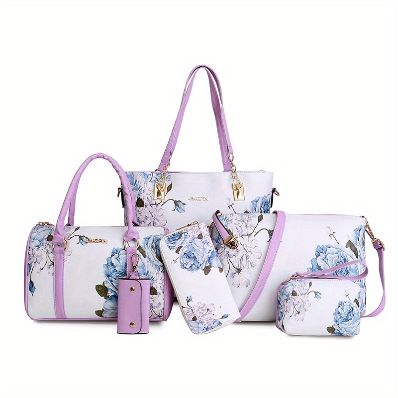 5pcs Flower Pattern Handbag Set, Vintage Tote Bag with Boston Bag & Crossbody Bag & Clutch Purse & Long Wallet,Temu