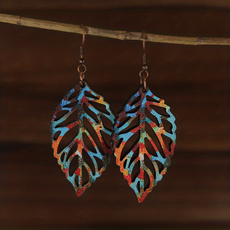 Hollow Leaf Colorful Dangle Earrings Retro Leisure Style Wooden Jewelry For Women