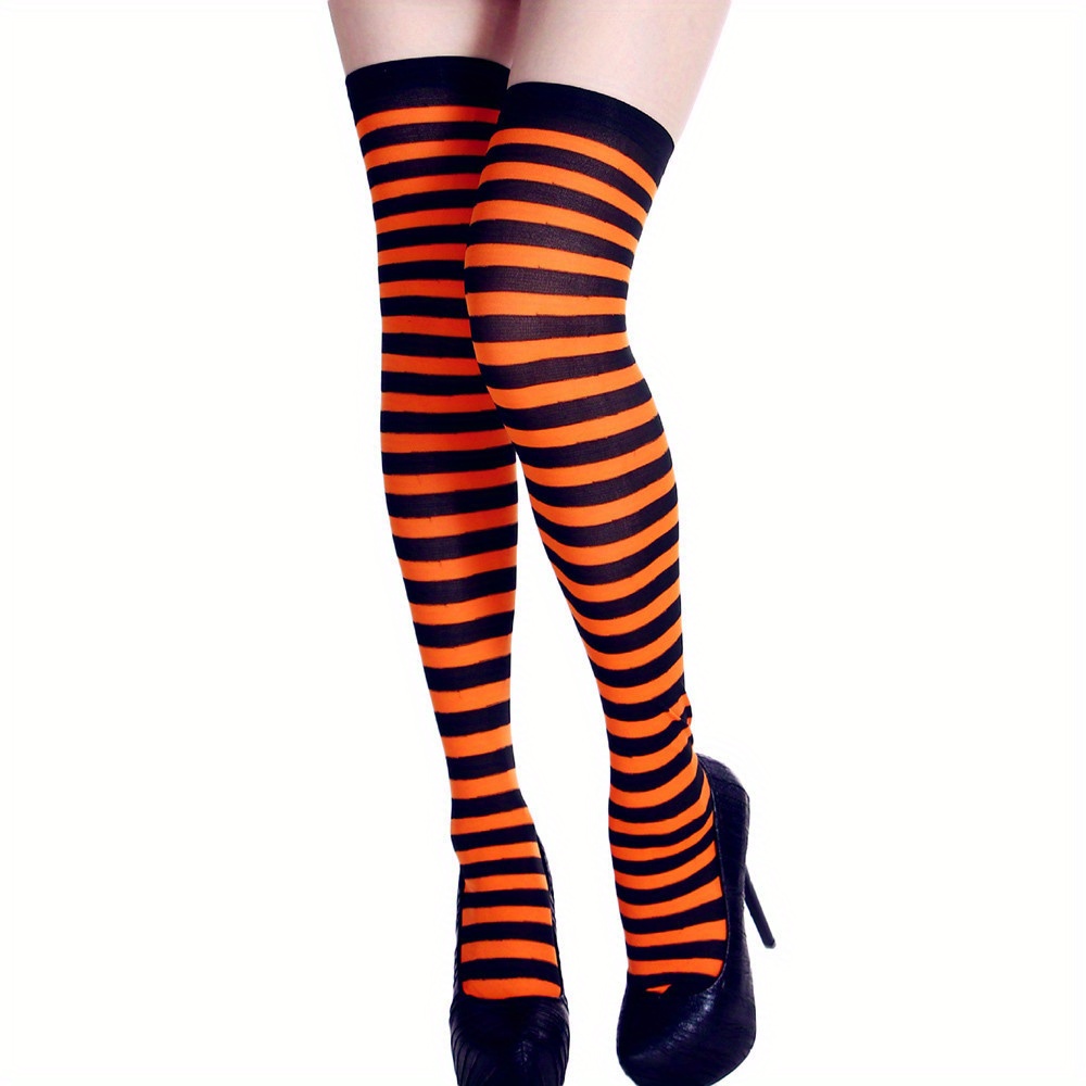 Jinei 6 pares de calcetines altos a rayas largas a rayas por encima de la  rodilla, calcetines de bruja para mujer, calcetines de rayas naranjas y