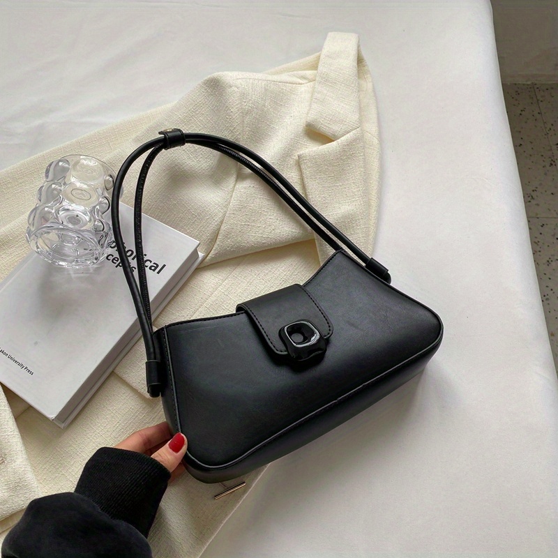 Solid Color Trendy Shoulder Bag, Pu Leather Versatile Underarm Bag, Magnet  Zipper Stylish Minimalist Baguette Bag - Temu