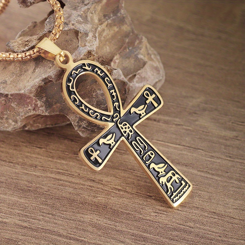 Image of 1pc Men's Ancient Egyptian Cross Pendant | 304 304 304 304 Stainless Steel Necklace With Animal Totem Carving, 18k Gold Plated, Jewelry Gift
