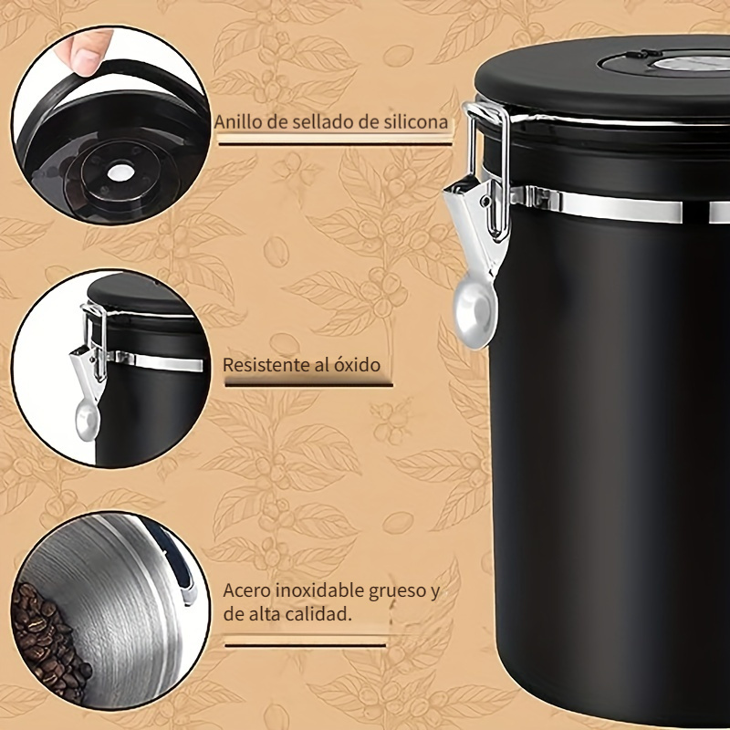 Veken Recipiente de café, recipiente hermético de acero inoxidable para  almacenamiento de alimentos con rastreador de fecha y cuchara para café