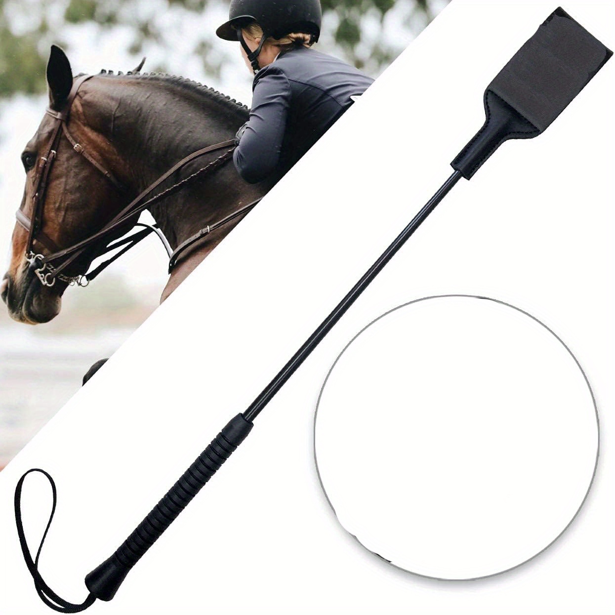 Frustino Da Equitazione In Pelle PU – Manico Nero Antiscivolo E Nappa Bianca, 55,5 Cm, Leggero E Resistente Per Cavalieri Principianti Ed Esperti