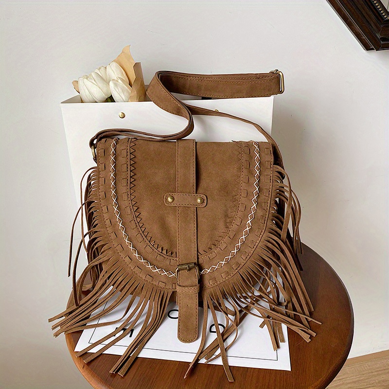 Brown Faux Suede Fringe Retro Saddle Bag