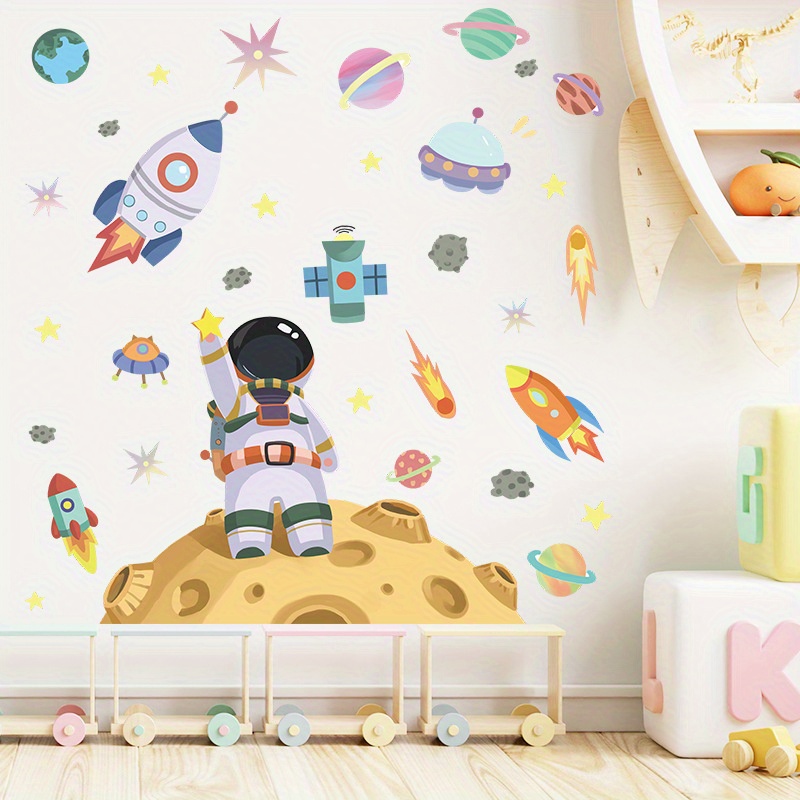 4 dibujos animados coloridos universo, planetas, astronautas, cohetes,  habitaciones infantiles, decoraciones de pared para el hogar, adhesivos de  pared, pegatinas Sailing Electrónica