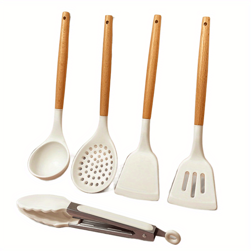 Silicone Cooking Utensils Set Non-stick Spatula Soup Spoon Wooden Handle  with Storage Box Kitchen Tools Set Gifts for Mother