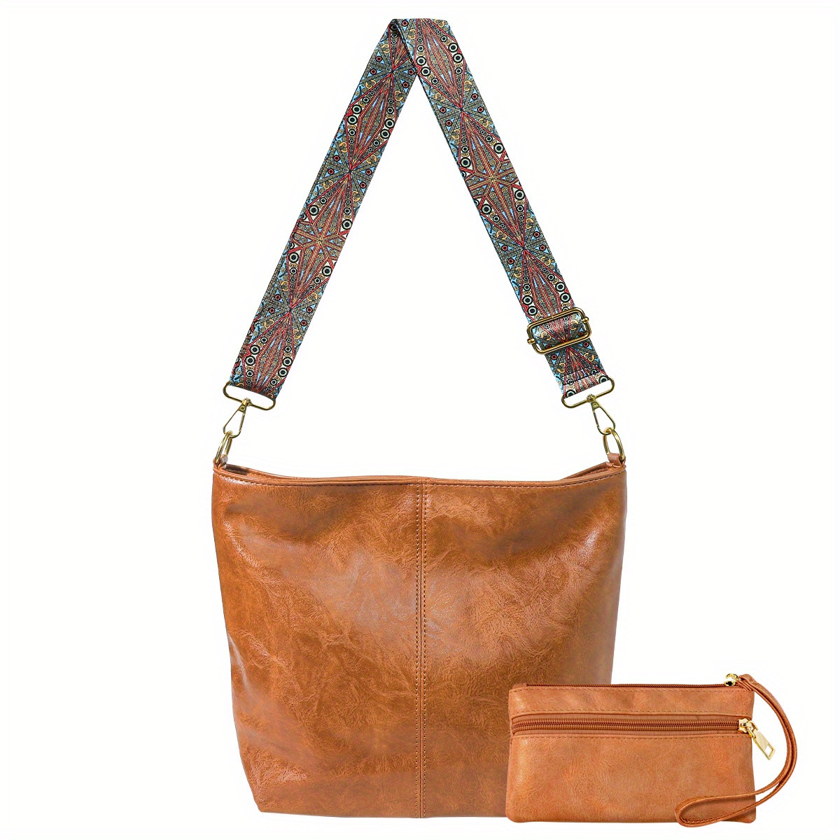 Brown Genuine Leather Top Handle Minimalist Bucket Bag With Wide Strap
