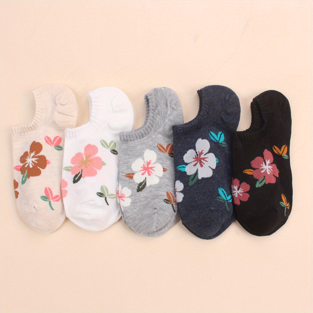 5pairs Floral Pattern Ankle Socks, Mixed Color Fabric Socks, Women's Stockings & Hosiery