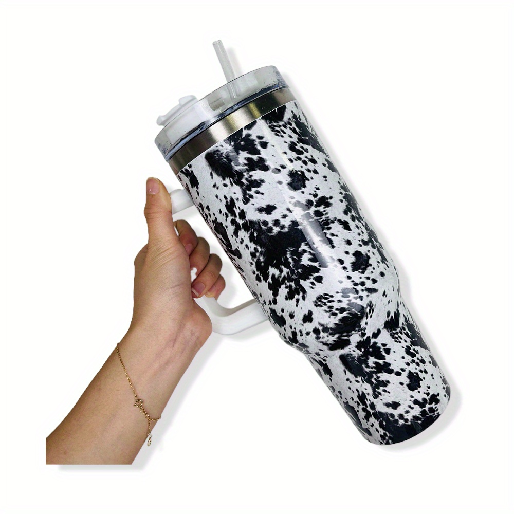 Black White Cow Print Car Leakproof Tumbler, Portable Stainless