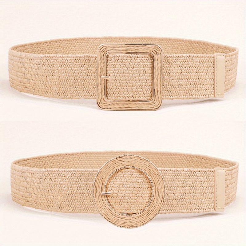 Boho Straw Belts Classic Square Round Buckle Khaki Elastic - Temu