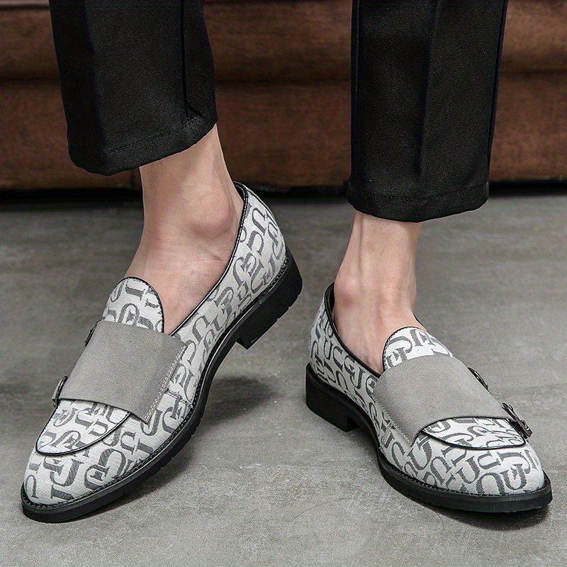 Men's Monogram Pattern Double Monk Strap Slip On Loafers Formal
