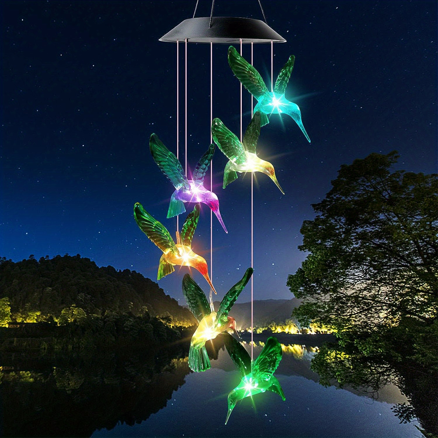 LED Solar Hummingbird Wind Chime, Changing Color Waterproof Six Hummingbird  Wind Chimes for Home Party Night Garden Decoration (Hummingbird) 