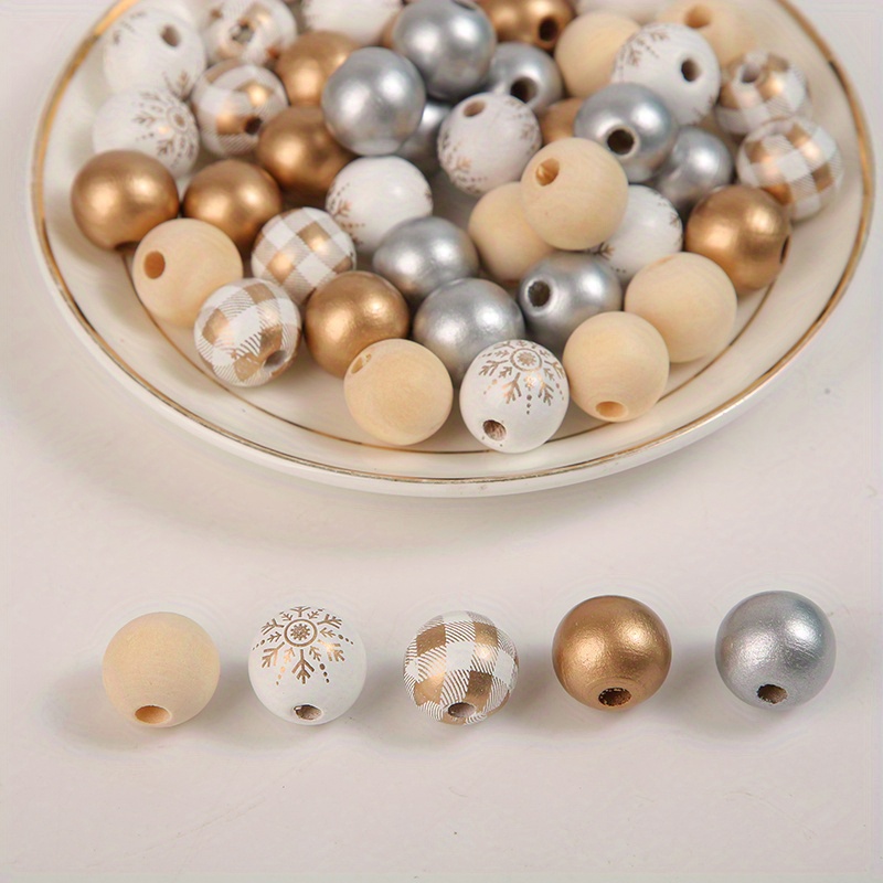 Christmas Golden Snowflake Wooden Bead Rope Combo Set Diy Holiday Decorative Hanging Ornaments 50pcs/pack
