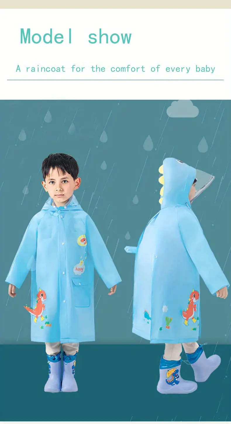 boys girls waterproof hooded raincoat cartoon dinosaur pattern long sleeve button down hooded rain poncho jacket kids rainsuit outdoor details 0