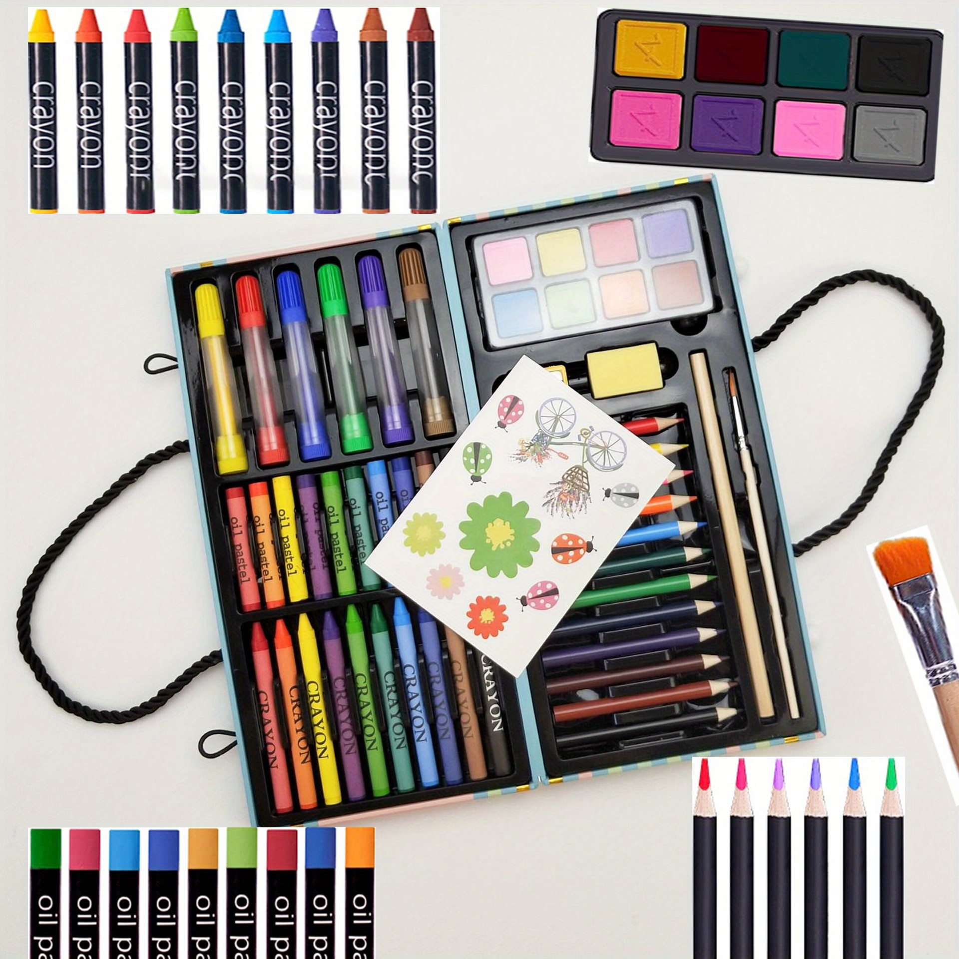 Coffret de crayons de couleurs, pastels, marqueurs aquarelles.