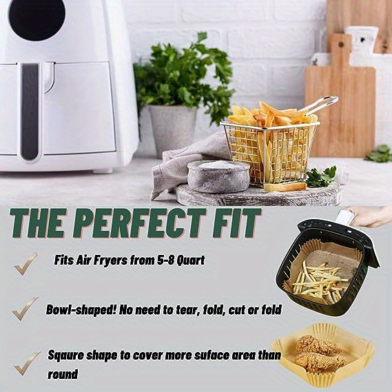  Disposable Square Air Fryer Liners Fits 5-8Qt Basket, Bleach  Free Food Grade Non-Stick Parchment Paper Liners for Air Fryer and Baking  Cooking-100PCS: Home & Kitchen