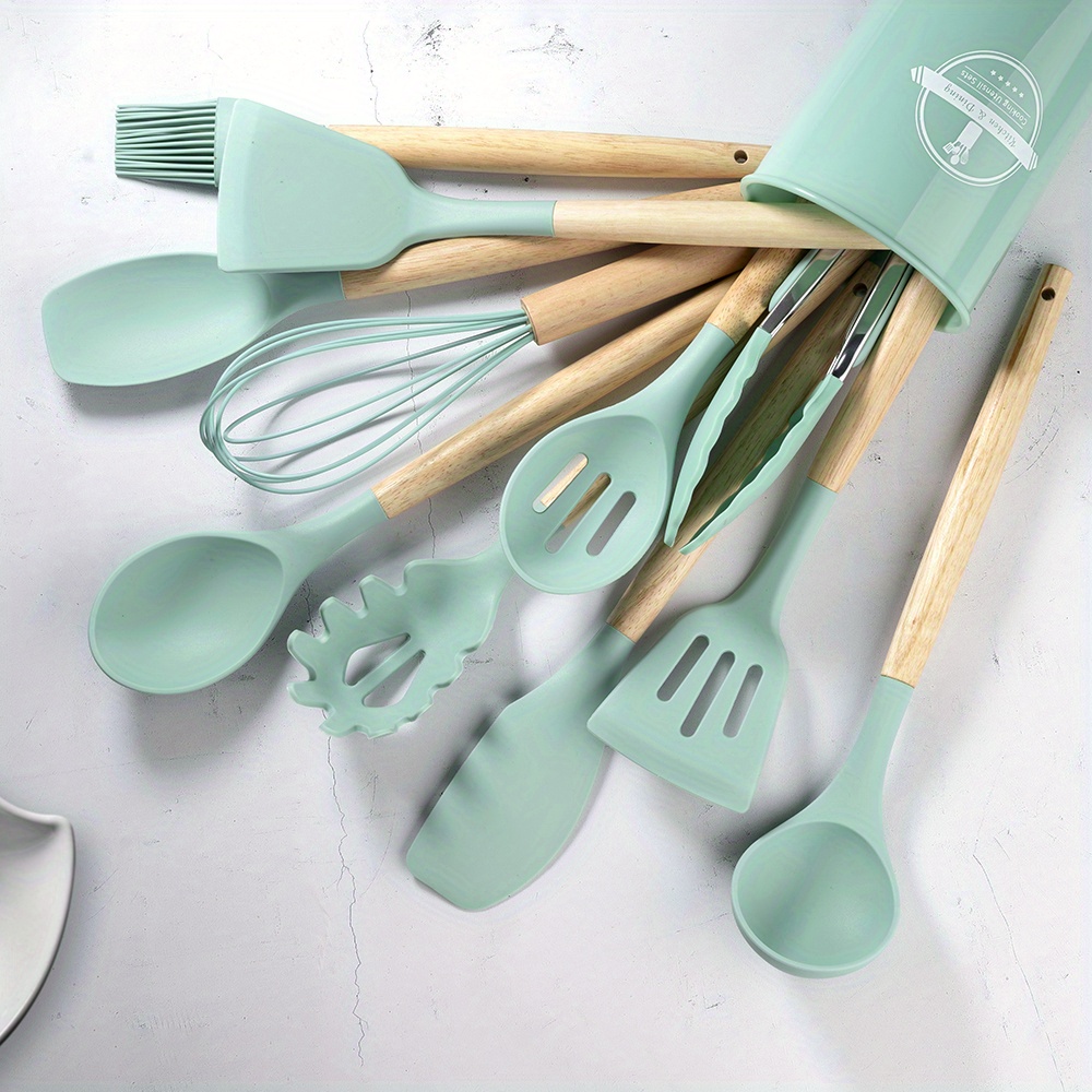 Silicone Kitchen Utensils Set for Cooking, Colorful Cooking Utensils Set  with Wooden Handle