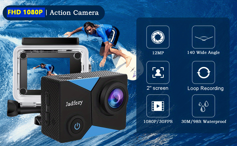 Jadfezy Action Camera FHD 1080P 12MP, 98FT/30M Underwater Waterproof Camera  with 2 Batteries, Wide Angle Sports Camera with Accessories Kit Suitable