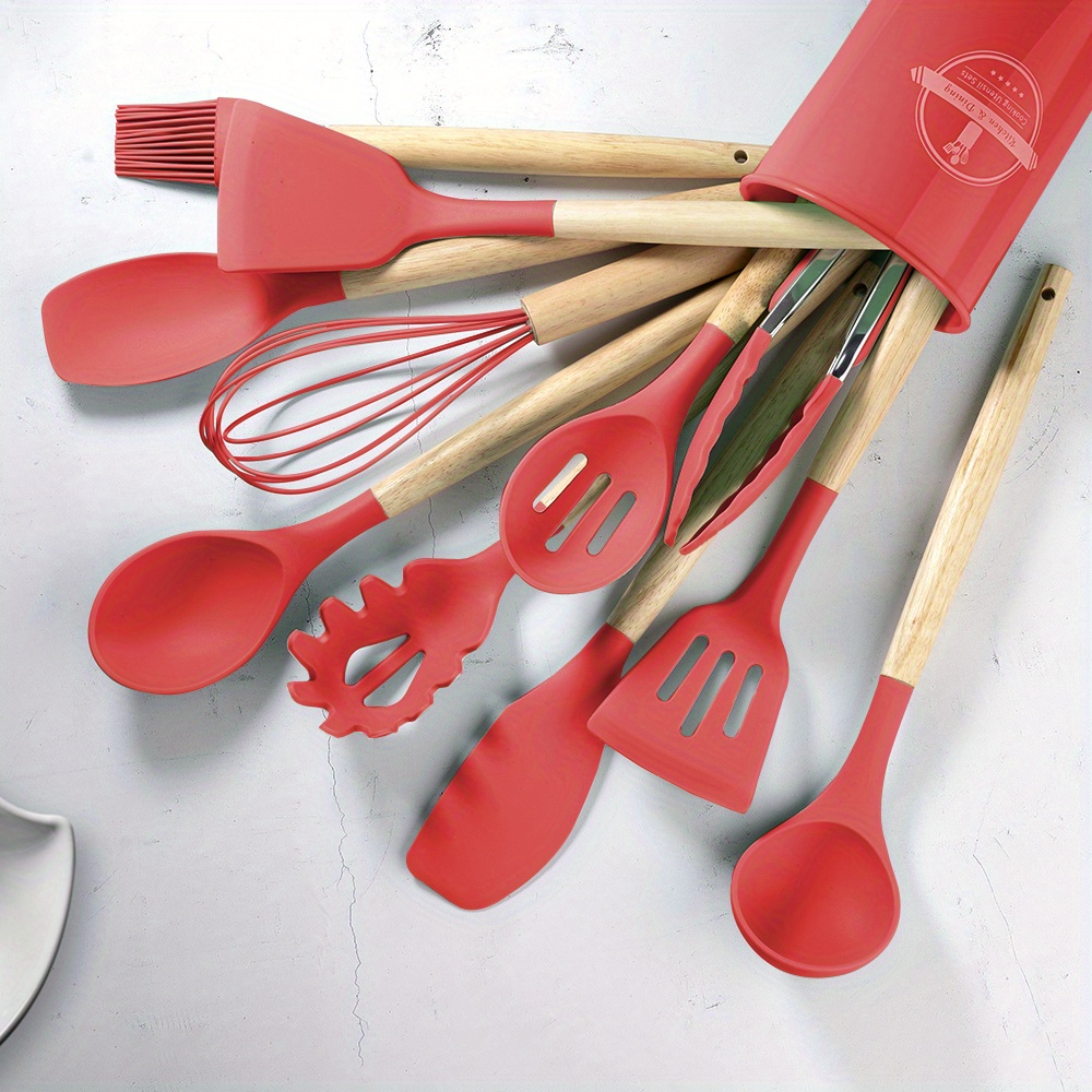 Zulay - Juego de utensilios de cocina de silicona (8 piezas) para cocinar,  juego de utensilios de cocina de silicona antiadherente con mango de madera