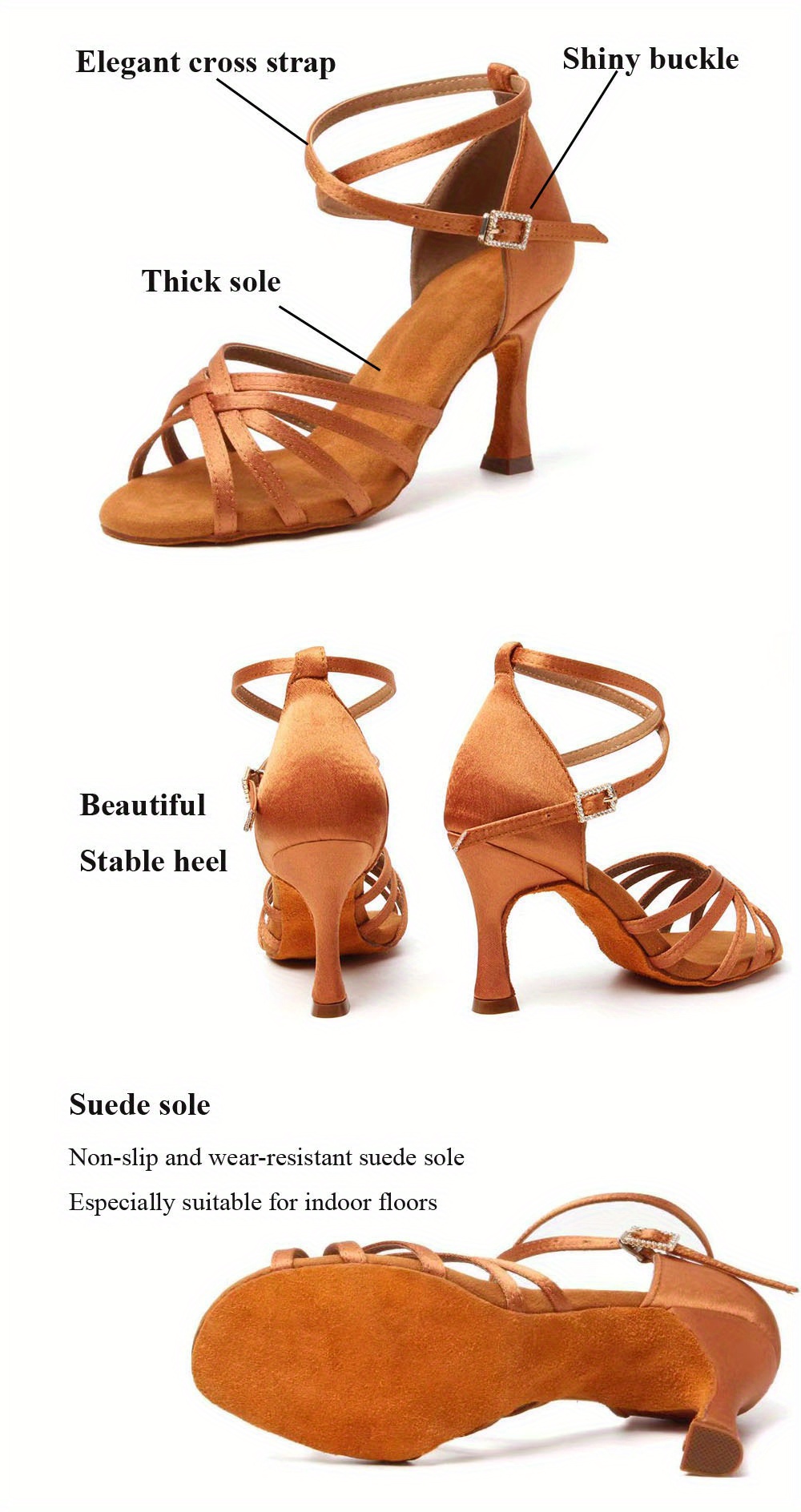womens non slip satin latin dance shoes with suede sole thick sole wear resistant ankle strap medium heel professional dance shoes details 1