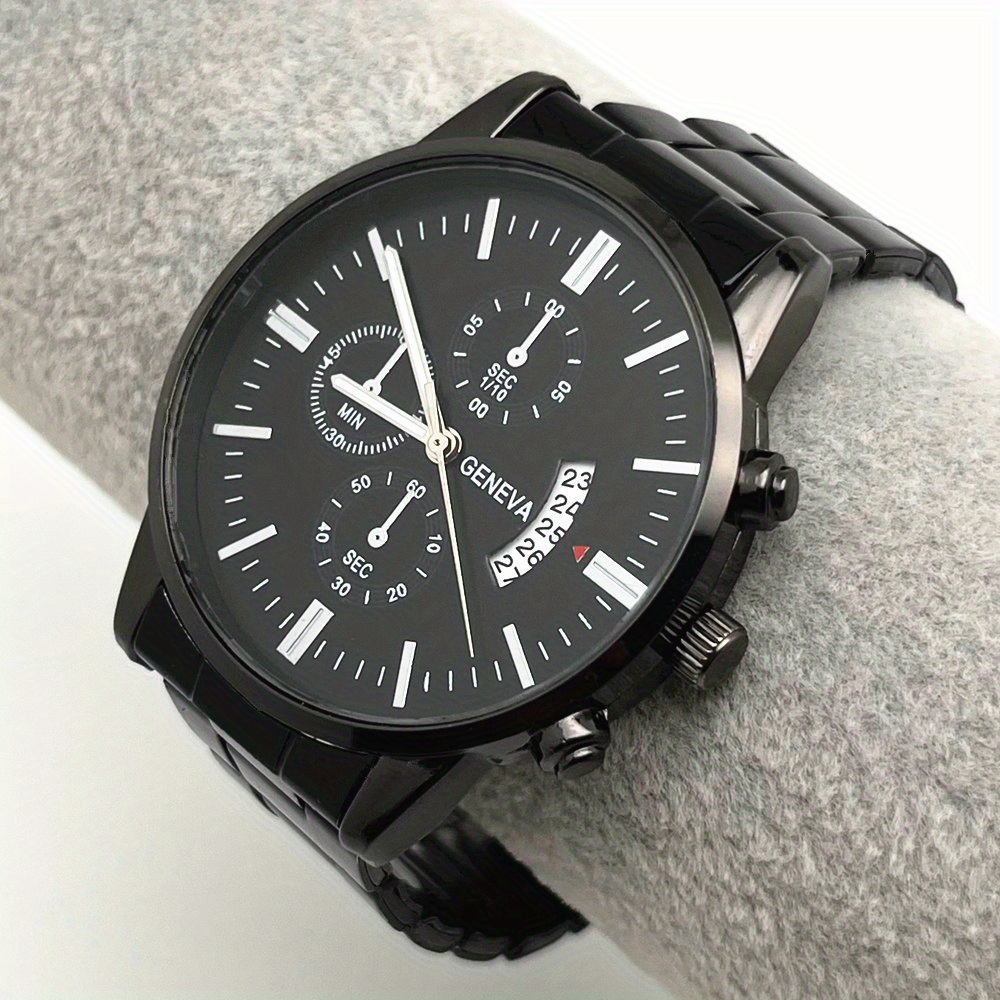 Mens Black Stainless Steel Quartz Watch, Fashion Classic Calendar Wristwatch