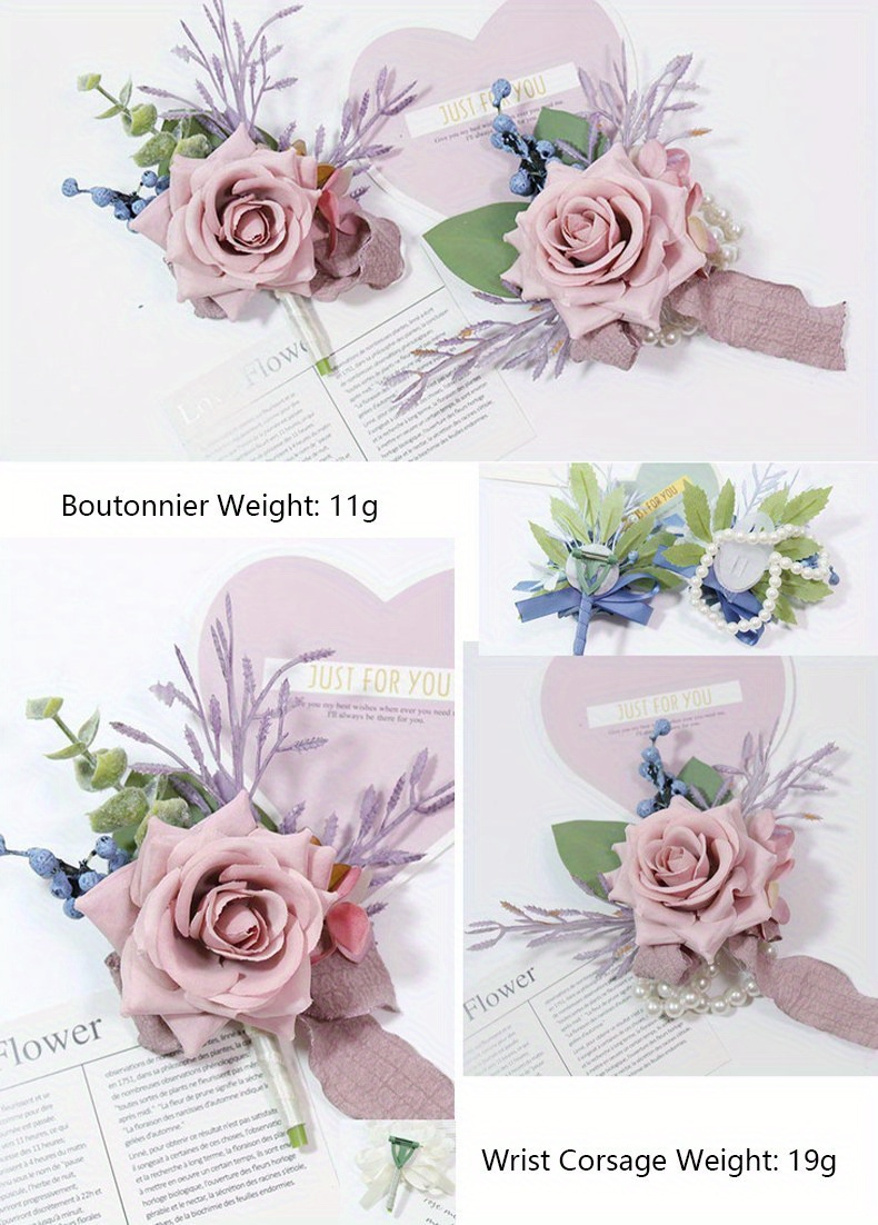 Floinla Dusty Blue Corsage and Boutonniere Set for Wedding Prom, Artificial Flower Wrist Corsage Bracelets, Homecoming Corsage Wristlet, Boutonniere