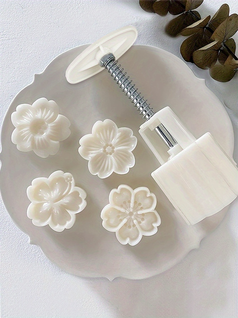 5pcs flower   diy mooncake pastry molds abs plastic intricate white flower designs for elegant baking ideal for christmas halloween kitchen essentials details 6