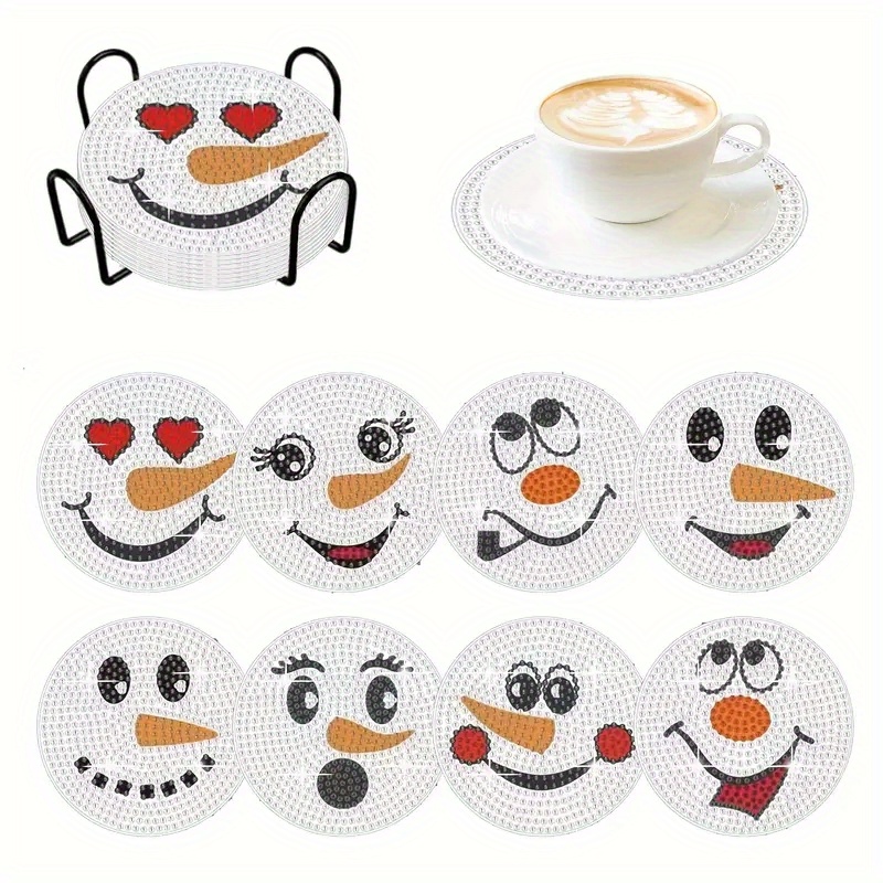 8pcs DIY Diamond Painting Christmas Coasters Snowman Face 10.16cm*10.16cm  Scratch Resistance Anti Slip Wood Coasters For Drinks Crystal Rhinestones