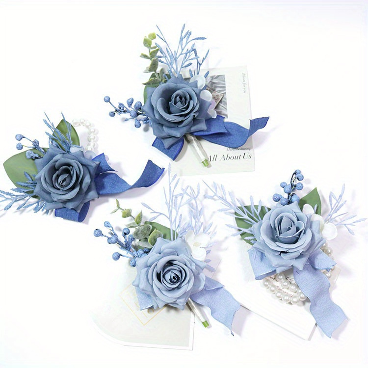 Emivery Dusty Blue Wrist Corsage Set of 6, Artificial Flower Wrist Corsage  Bracelets Handmade Rose Corsage Bridesmaid Hand Flower for Wedding Prom