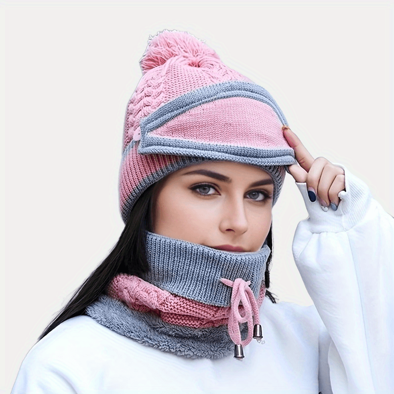 Womens 3 Pieces Knitted Hat Mask Scarf Set Windproof Ear