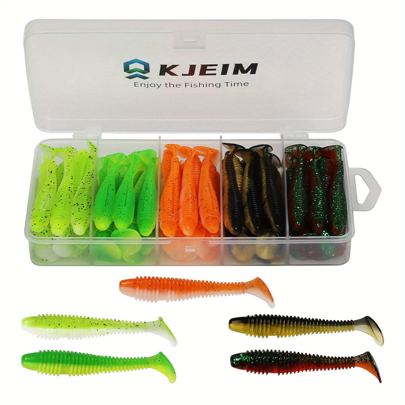 50pcs Soft Fishing Lures, Soft Plastic Baits Kit with Box for Freshwater &  Saltwater Gear, T Tail Bait Artificial Worm Swimbait for Bass Trout Redfish