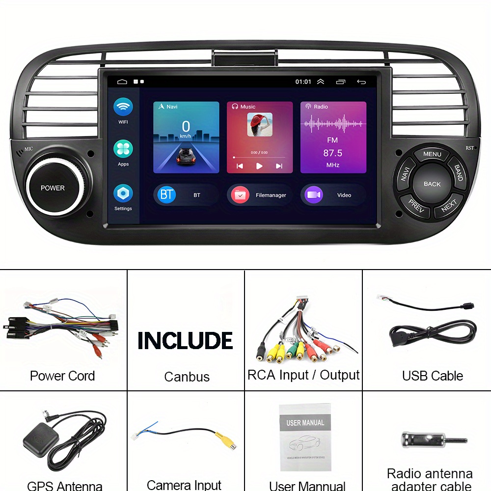 Fiat 500 2007-2015 CarPlay Android 10 Système de navigation et multimédia  Autoradio